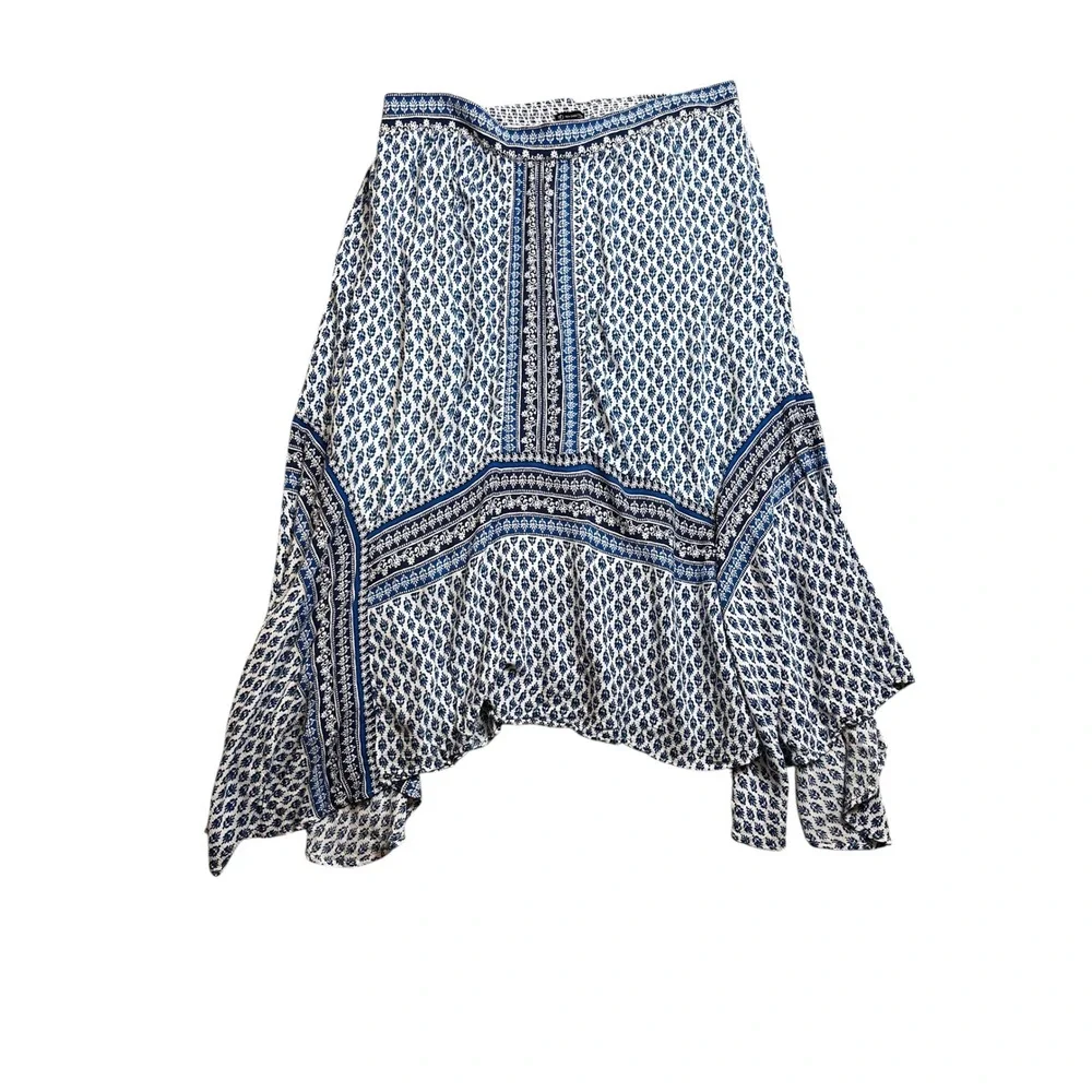 New Directions Blue White Tile Print Handkerchief Maxi Skirt 1X‎ Peasant Boho